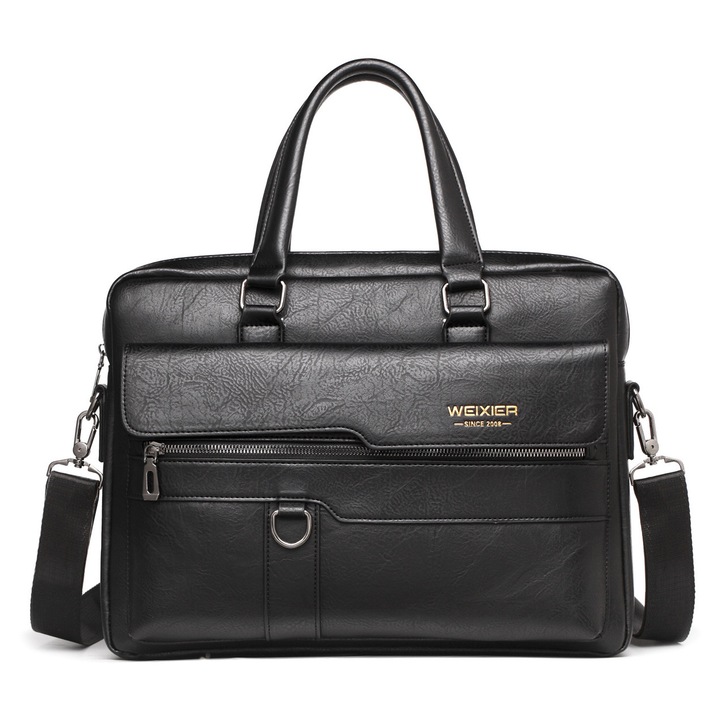 Férfi kézitáska természetes bőrből, belső zsebek, állítható pántok, 38x30x11 cm, fekete