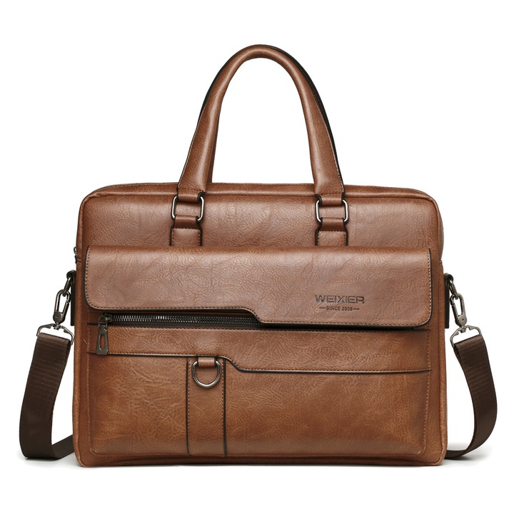 Férfi kézitáska természetes bőrből, belső zsebek, állítható pántok, 38x30x11 cm, Világos barna