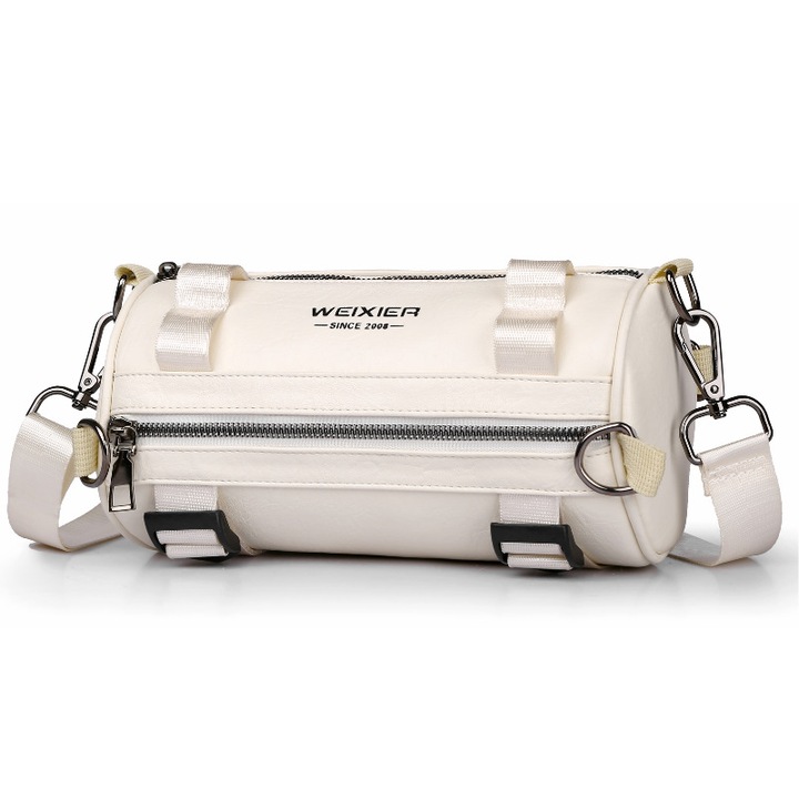 Férfi kézitáska természetes bőrből, belső zsebek, állítható pántok, 22x11x11 cm, Beige fehér