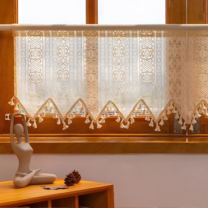 Прозрачна перде с пискюли, 140x60cm, кремаво, полиестер