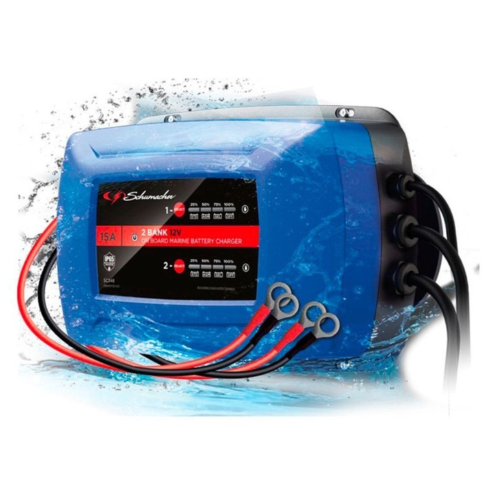 Redresor secvential pentru 2 baterii Schumacher© SC348 12V-15A, profesional, IP65, auto si ambarcatiuni