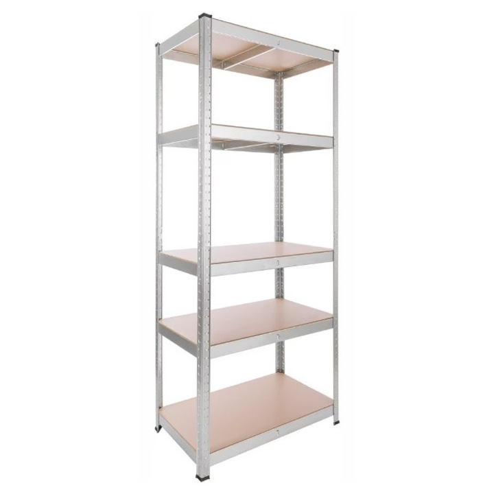 Dulap cu rafturi AVIMAX®, metalic, cu 5 rafturi din MDF, 180x90x40 cm, 175 kg/raft, montaj fara suruburi, prin imbinare, cadru din otel galvanizat, rafturi maro