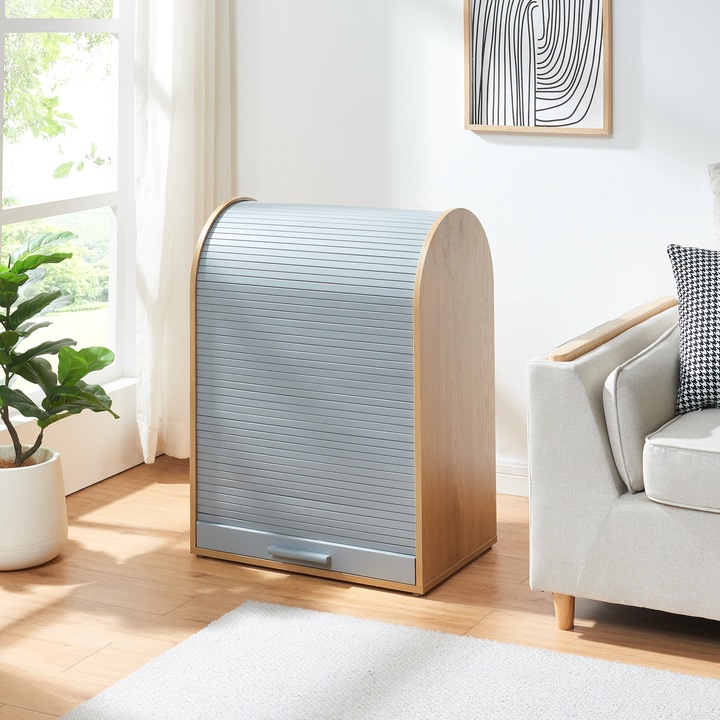 Dulap, en.casa, Kavlinge, 80 x 60 x 40 cm. mdf, bambus, natur, gri, cu usa rulou