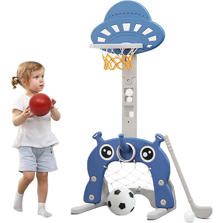 4 az 1-ben sportkészlet gyerekeknek – állítható kosárpalánk (114–152 cm), focikapu, minigolf játék és gyűrűdobálás, teljes tartozékokkal, ideális beltérre és kültérre, tökéletes ajándék 3 éves kortól, kék