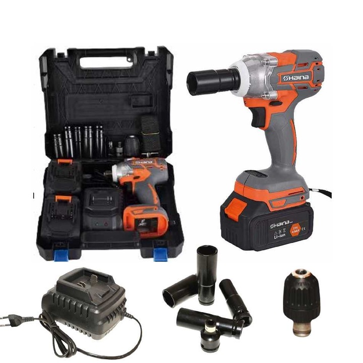 Mașină de înșurubat cu impact Haina HM-6499 2x48V, 680Nm, cu mandrină de găurit și chei tubulare de 17, 19, 21, 22 mm