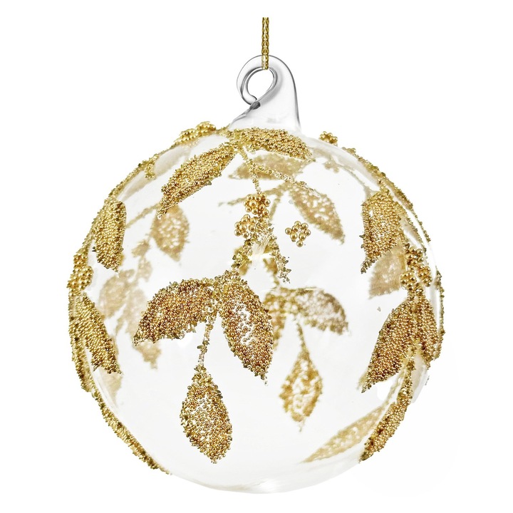 Glob brad Craciun cu frunze si margele aurii, 8 cm, transparent