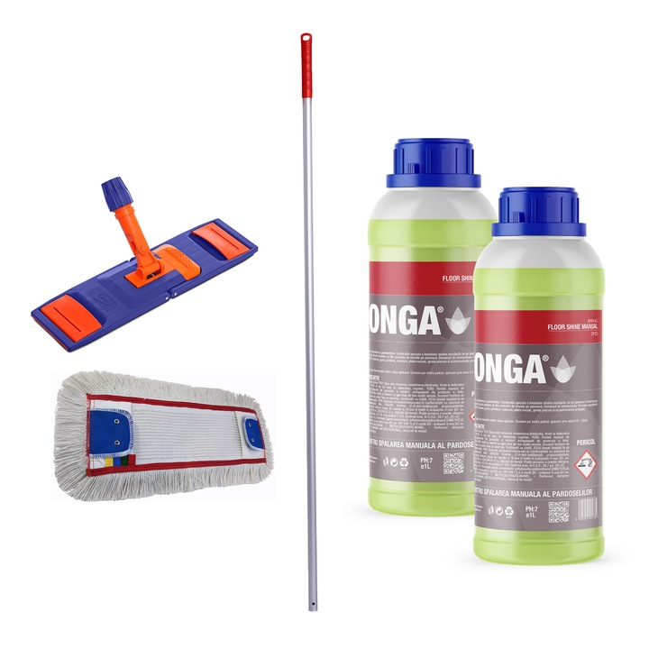 Set Complet Curatenie Pardoseli: 2x Detergent Profesional Concentrat 1L Parfum Flori de Primavara + Sistem Mop Plat Profesional 40cm Rosu (Coada Aluminiu 140cm + Talpa + Mop) - Uz Profesional
