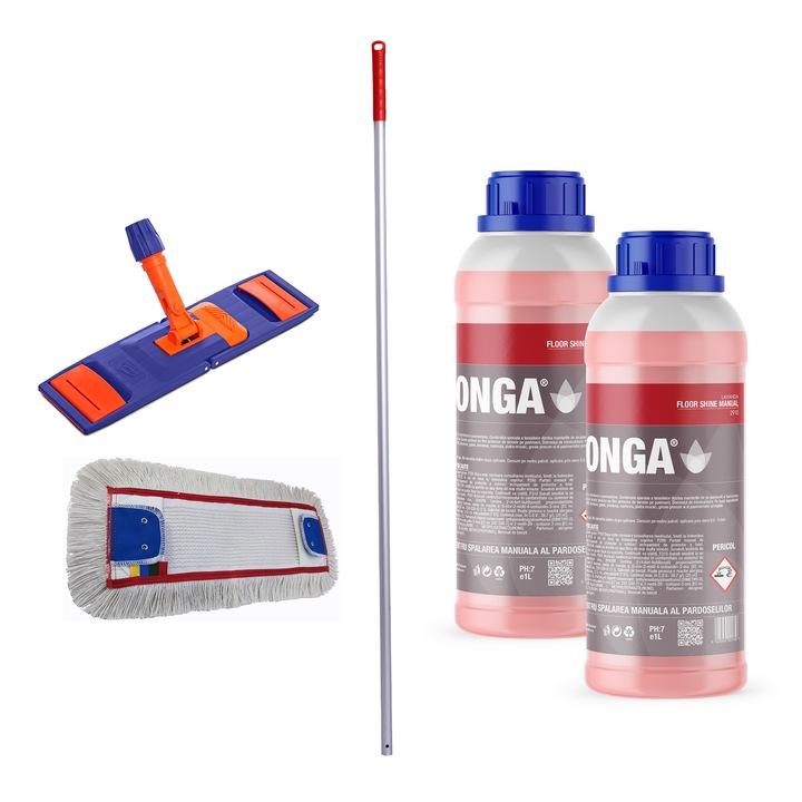 Set Complet Curatenie Pardoseli: 2x Detergent Profesional Concentrat 1L Parfum Lavanda + Sistem Mop Plat Profesional 40cm Rosu (Coada Aluminiu 140cm + Talpa + Mop) - Uz Profesional