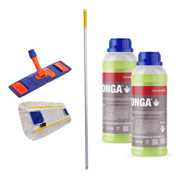Set Complet Curatenie Pardoseli: 2x Detergent Profesional Concentrat 1L Parfum Flori de Primavara + Sistem Mop Plat Profesional 40cm Galben (Coada Aluminiu 140cm + Talpa + Mop) - Uz Profesional