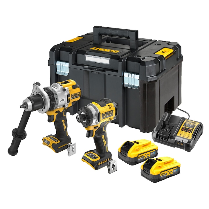 Комплект 2 акумулаторни инструмента DeWALT DCK2200H2T, 18V XR, Безчетков мотор, Ударна бормашина DCD1007, Винтоверт DCF860, 2x Li-Ion 5 Ah POWERSTACK батерии, Бързо зарядно устройство, Куфар TSTAK II