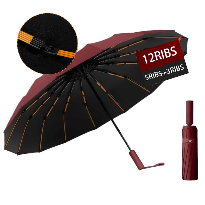 Чадър с калъф, сгъваем, устойчив на силен вятър, UV защита, водоотблъскващ материал, 12 подсилени спици (5+3 слоя), автоматично отваряне и затваряне, компактен модел, диаметър 108 см, стоманена рамка и фибростъкло, бордо