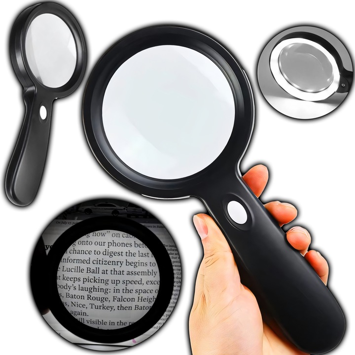 Lupa cu LED RETOO HandyTools, Marire 10x, 12 LED-uri, Alimentare 3 x AAA, 3 Moduri de Iluminare, Potrivita pentru Seniori, Reparatii, Monede si Citit, Lentila Durabila