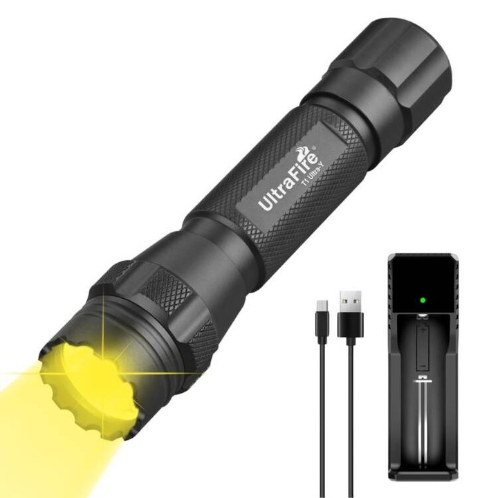 UltraFire LED фенер, 1200 лумена, 14x2.6x3 см, водоустойчивост IP54, с включена батерия, черен