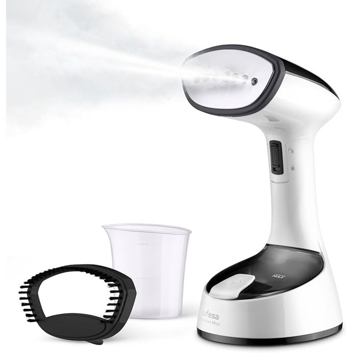 Ufesa Steamer Black Mist – Aparat vertical de calcat pliabil, fier de calcat vertical pentru calatorii, 1470 W, rezervor de 150 ml, parfumeaza si dezinfecteaza, perie cu abur pentru tesaturi groase, gata de utilizare in doar 25 de secunde