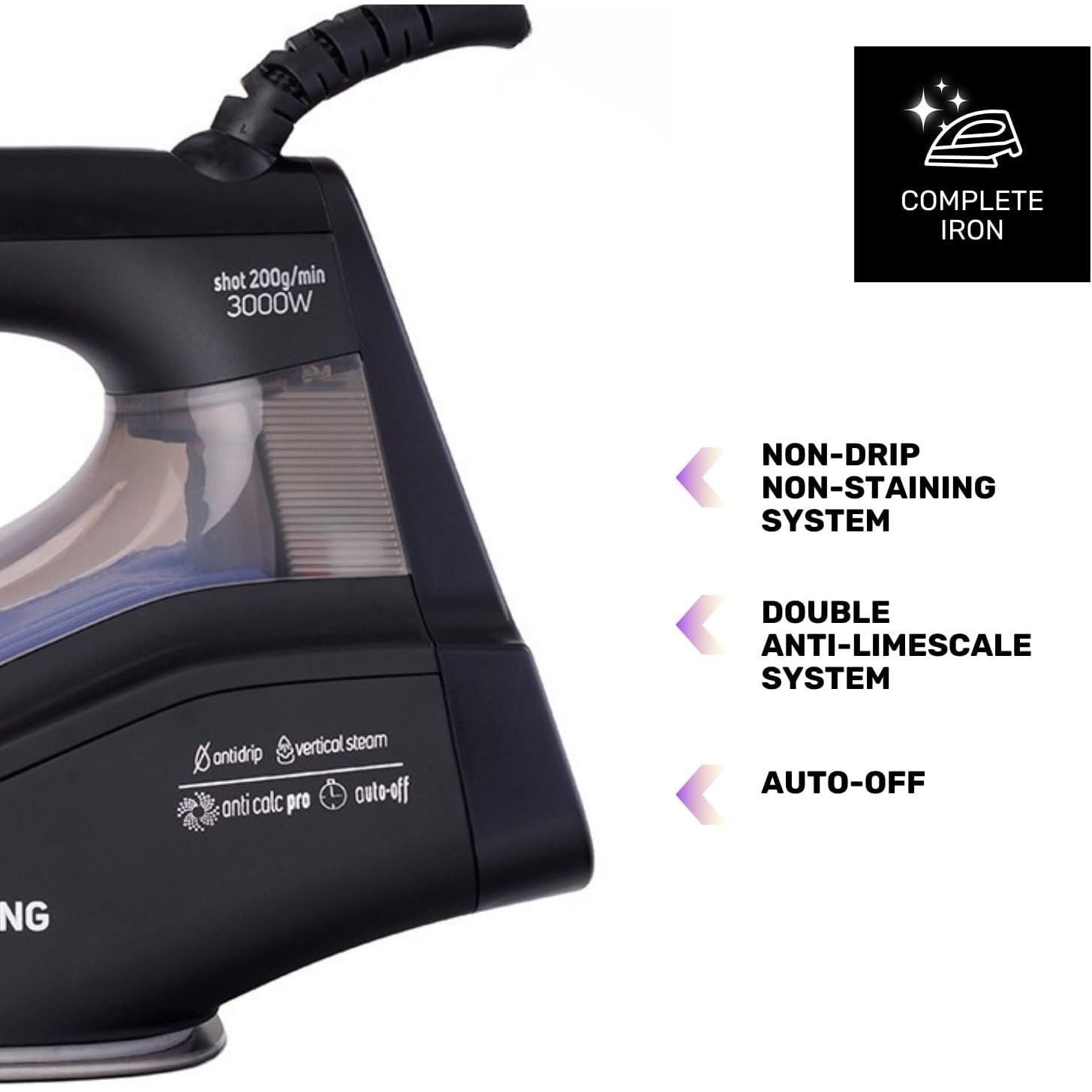 Fier de calcat cu abur Taurus Amazing STI3000, 3000 W, jet abur 200g/min, mod Eco, rezervor 250ml, Mov