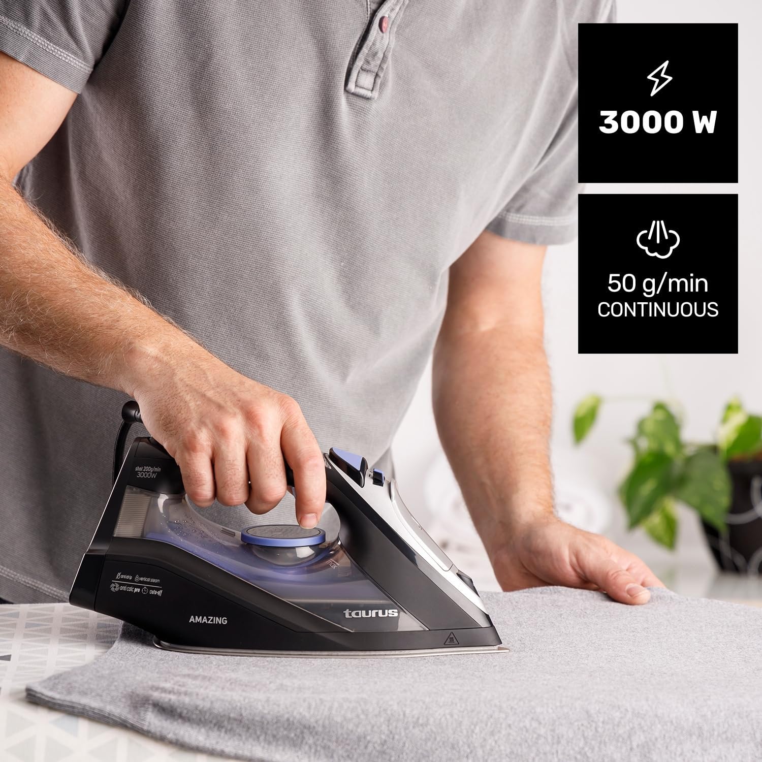 Fier de calcat cu abur Taurus Amazing STI3000, 3000 W, jet abur 200g/min, mod Eco, rezervor 250ml, Mov