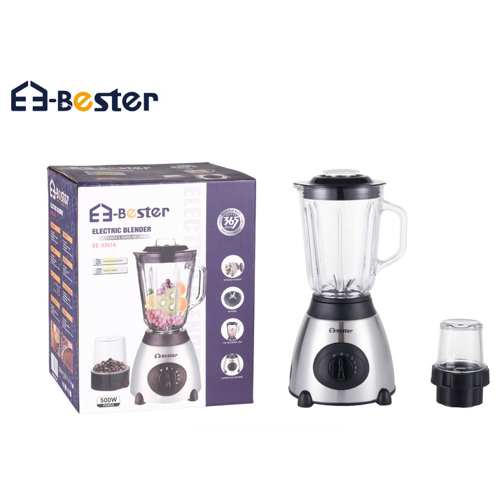 Електрически блендер BESTER EE-3301A с устойчива стъклена купа и мелачка, 2 в 1, 500 W, 1,5 л, 5 регулируеми скорости и импулсна функция за различни приготвяния