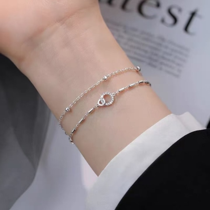 Bratara dubla din argint 925, CK, design elegant, reglabil, 20cm, argintiu