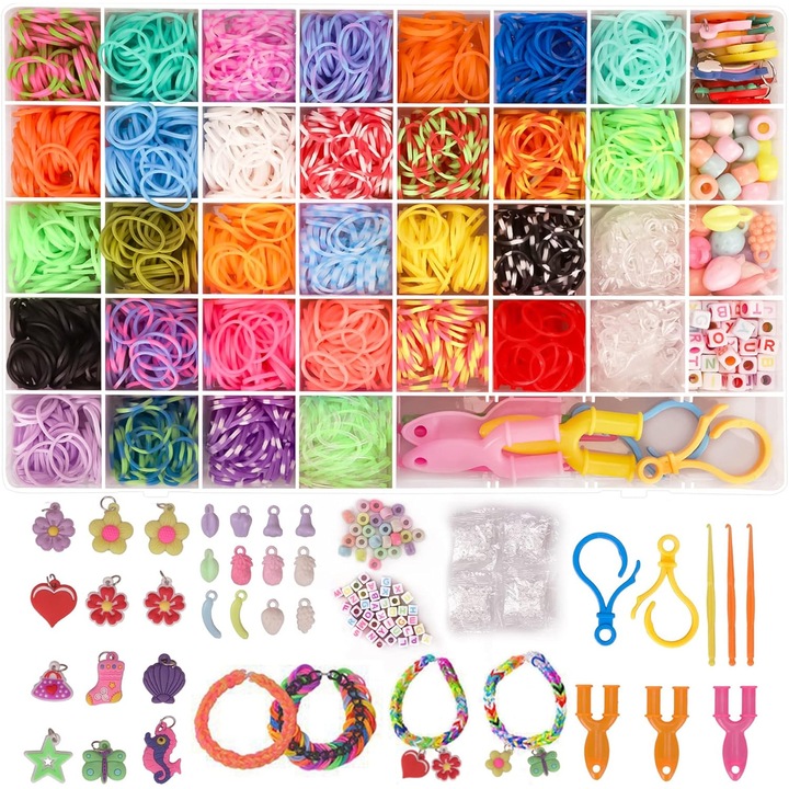 Set creativ DIY pentru copii, accesorii pentru realizarea bratarilor din elastic, 3000 piese, Multicolor