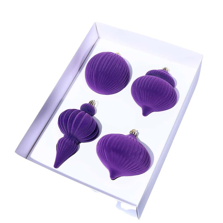 Set de 4 ornamente mari de Craciun din catifea,15 cm, decoratiuni vintage din plastic pentru Craciun, ornamente pentru bradul de Craciun, decoratiuni suspendate pentru petrecerea de Craciun (violet)