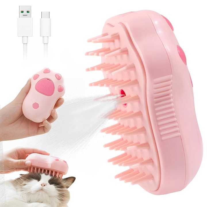 Perie multifunctionala pentru animale 3 in 1, TREXORA, compacta, portabila, 19.5x6.5cm, ABS, roz