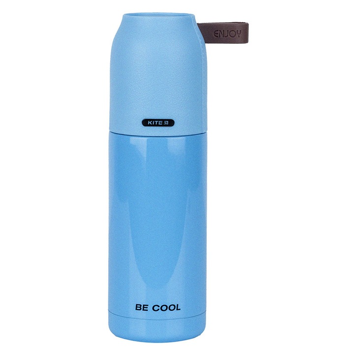 Termos cu cana capac Kite, 350ml, otel inoxidabil, termos apa rece bauturi calde, termos cafea ceai cupa, izoterm, albastru