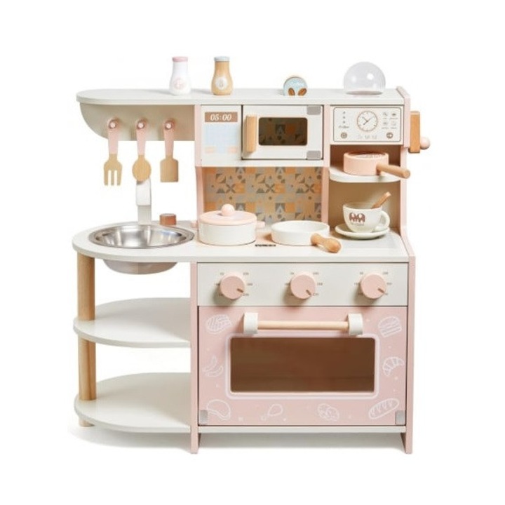 Bucatarie de jucarie din lemn cu chiuveta, cuptor, aragaz, microunde si accesorii, Toyska®