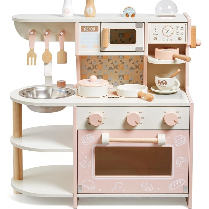Fa játékkonyha mosogatóval, sütővel, tűzhellyel, mikrohullámú sütővel és kiegészítőkkel, Toyska®