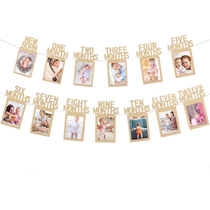 Banner fotók egyéves születésnapra, 13 darabos készlet, 18x13cm, pezsgőarany