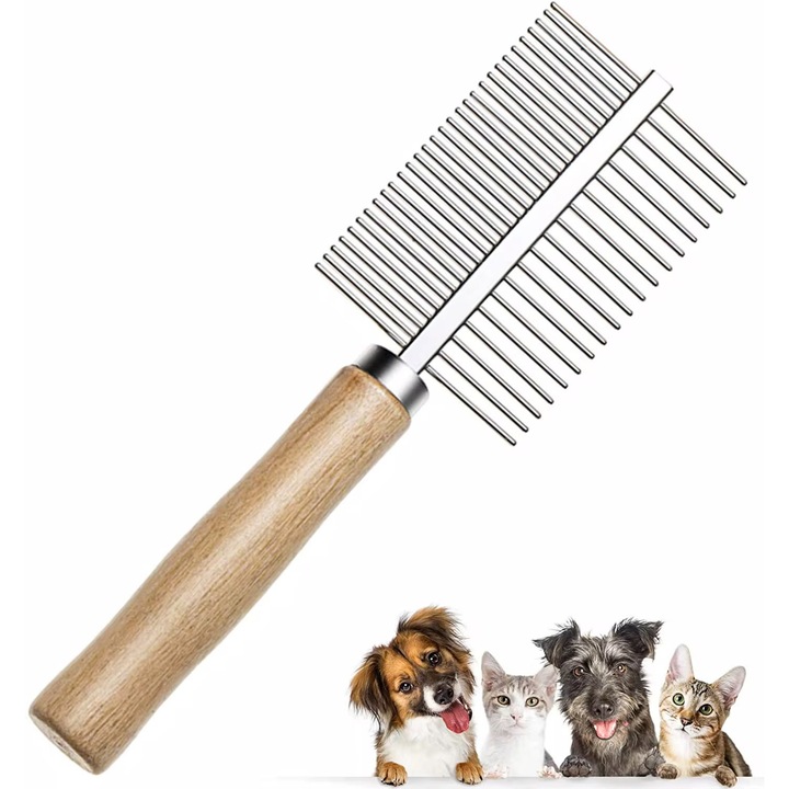 Двоен гребен за животни, неръждаема стомана, със заоблени зъби, разресва козината безболезнено, ежедневна грижа за кучета и котки, 17 см, сребрист
