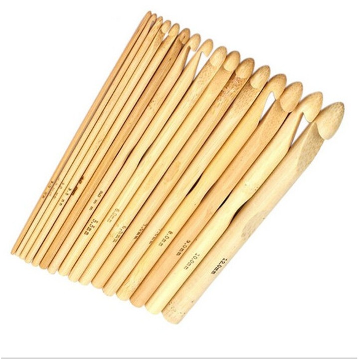 Set 16 crosete broderie crosetat lemn bambus natur 2.0mm-12.0mm dimensiuni variate design ergonomic 15cm lungime