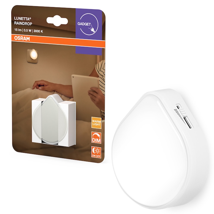 Lampa de veghe OSRAM Lunetta Raindrop, 0.5W, 15 lumeni, lumina calda (3000K), dimabil, IP20, Alb