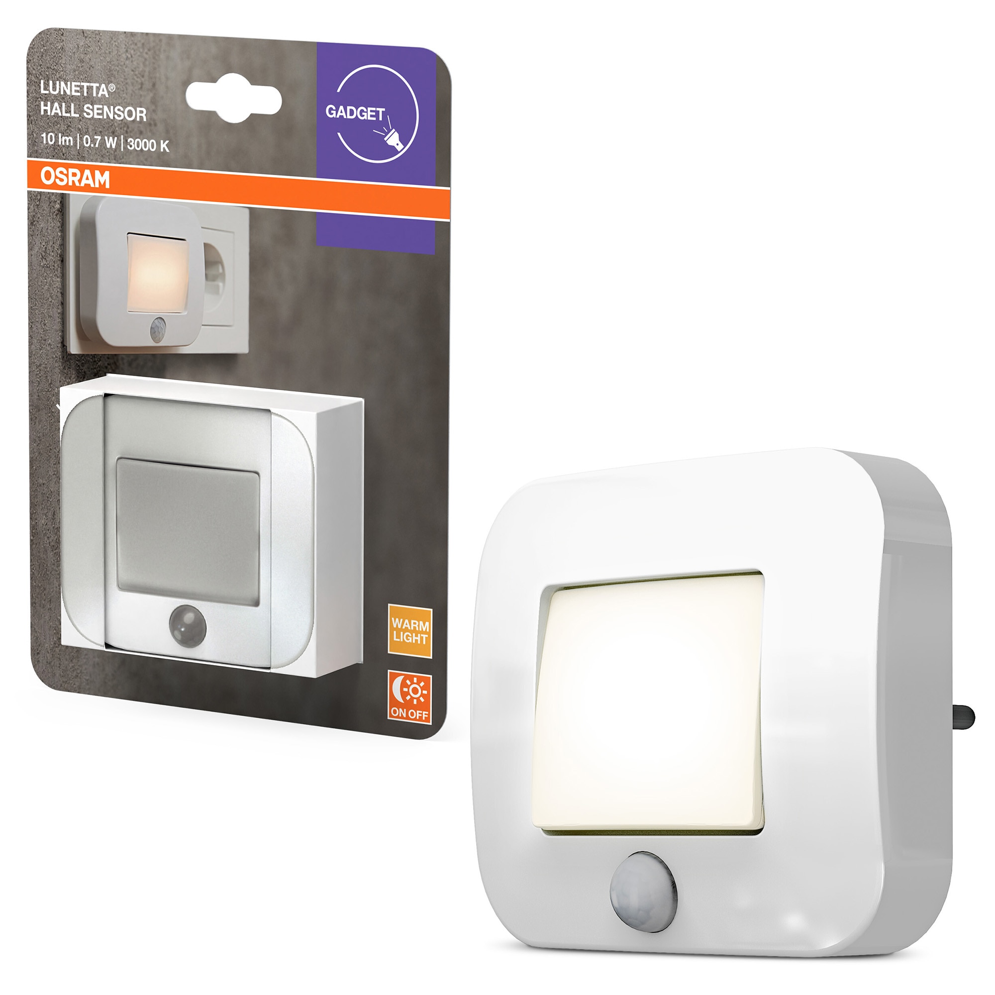 Lampa de veghe LED OSRAM Lunetta Hall cu senzor de miscare (PIR), 0.7W, 10 lm, lumina calda (3000K), 220-240V, IP20, Alb