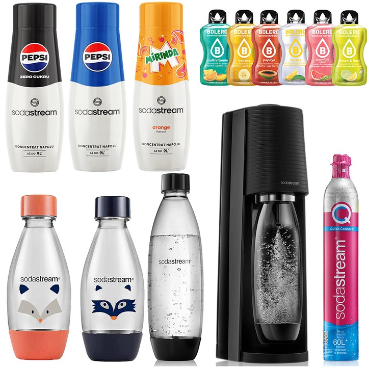 Saturator carbogazoase Sodastream Terra, set 1x 1L Fuse și 2x 0.5L Little Heroes, multicolor
