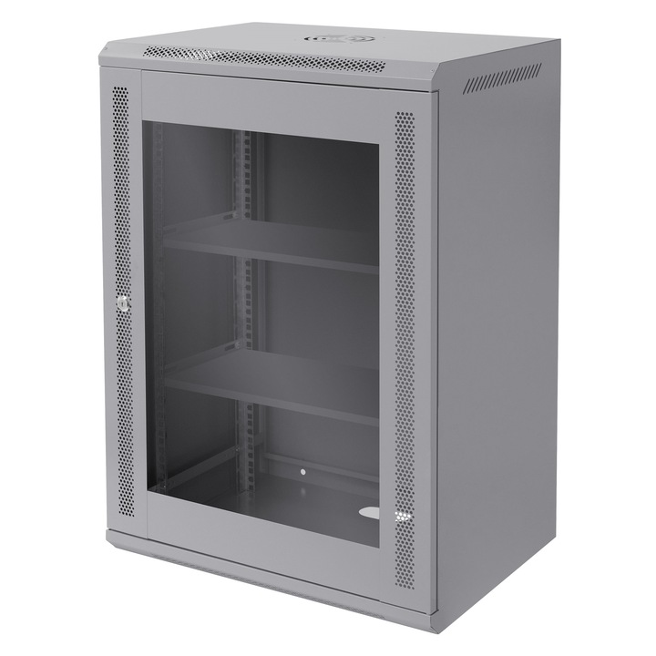 ECD Germany 19"-os rack szekrény, fémszekrények, 16U szürke, 600 x 850 x 450 mm, szerverbútor, falra szerelhető, üvegajtós és biztonsági záras ház, önszerelő keret, teherbírás 60 kg