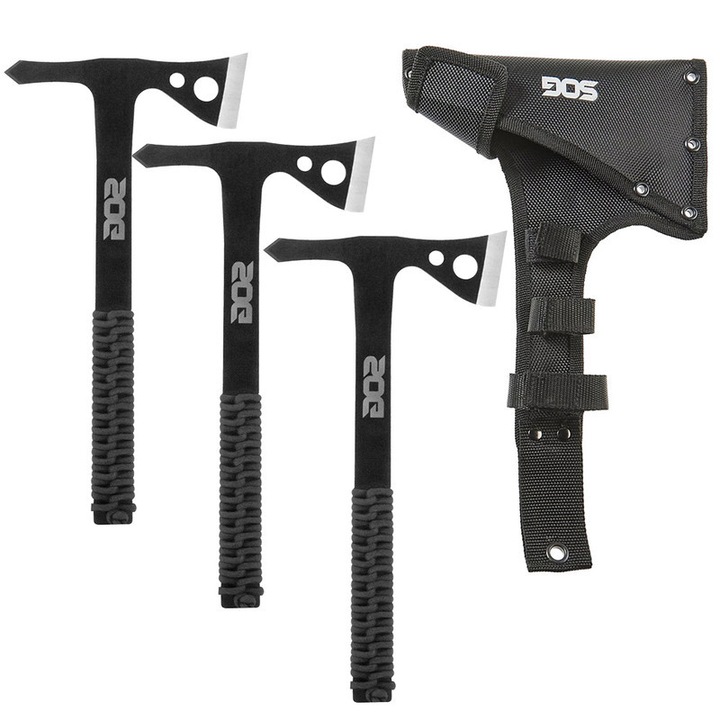 Set 3 topoare de aruncat din inox SOG, 1.75 inch, cu maner din paracord, husa din nylon
