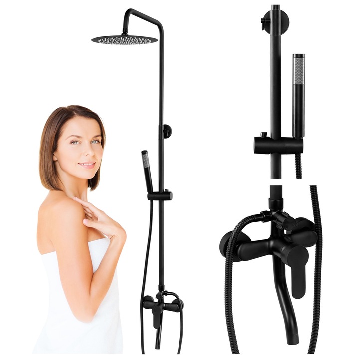 Set baterie dus Silla S-1200B cu para rotunda, montare perete, 3 functii de curgere a apei, dus tip, Negru