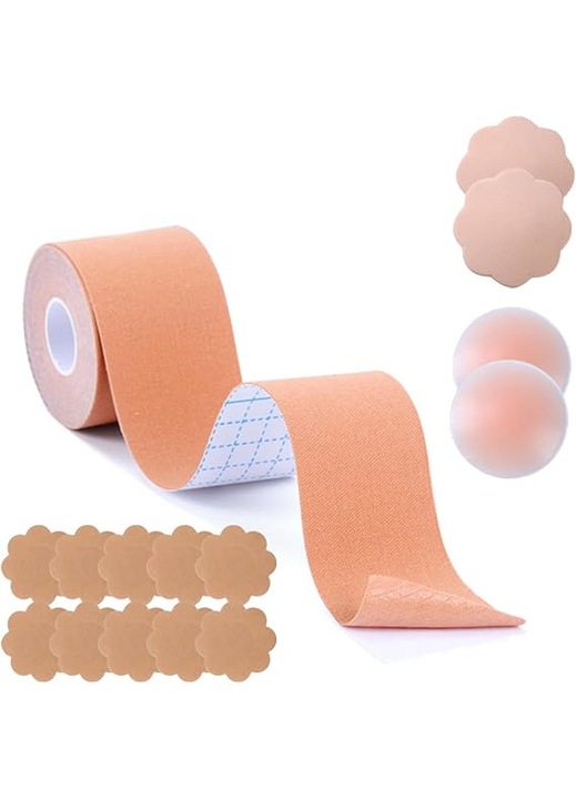 Melltartó emelő szalag, 2 pár, szatén szirom, 5 pár, barna színű, pánt nélküli és váll nélküli ruhákhoz