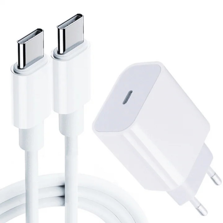 2 az 1-ben töltő és kábel szett, 20W, Power Delivery, USB C töltővel, C-típusú/C-típusú töltő- és adatátviteli kábellel, 3A / 480 Mbps, 2 m, fehér