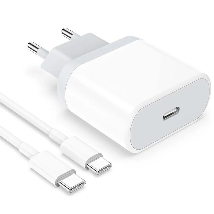Incarcator rapid 20W USB-C, Pentru iPhone 16/16 Pro/16 Pro Max, cablu USB-C inclus, Alb