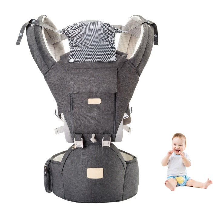 Marsupiu ergonomic Outinhao 9-in-1, reglabil, bumbac, gri, 3-36 luni