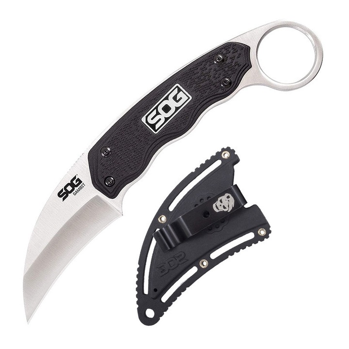 Cutit de supravietuire SOG Karambit - Cutit de centura de securitate curba Gambit, lame fixa de 2,6 inch cu lame de nailon dur si clip reglabil (GB1001-CP), negru