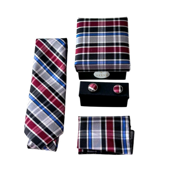 Комплект от 3 вратовръзки, за мъже, вратовръзка, кърпичка и копчета за ръкавели, сив, VELVE