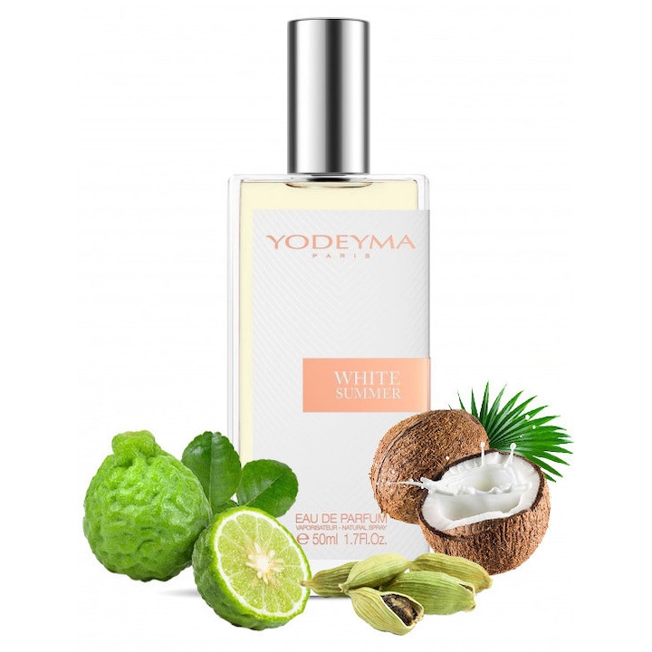 Yodeyma White Summer Apa de parfum pentru femei, nuante de bergamota, cocos si cardamon, un parfum feminin irezistibil, proaspat si exotic, 50ml
