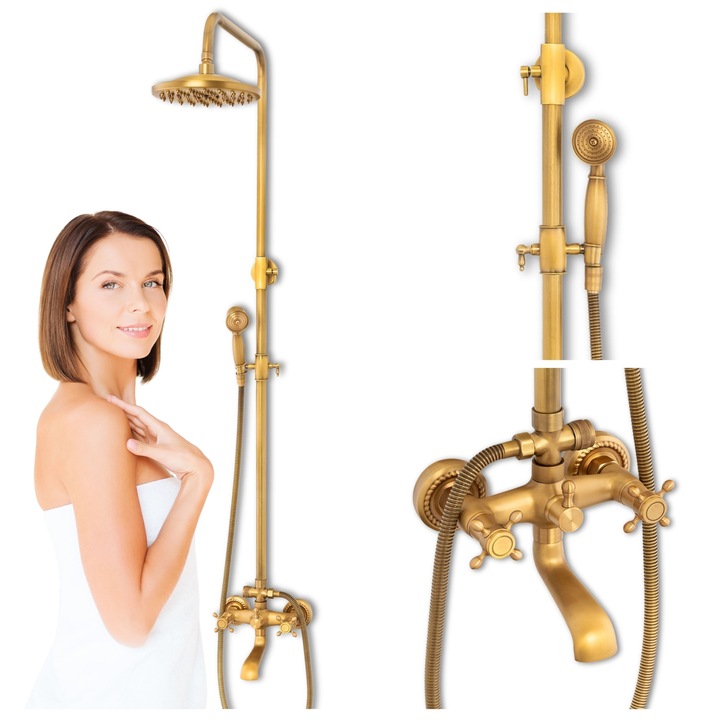 Silla Retro Camilla S-1197V fali zuhanyszett, csúszó tartóval, fix zuhanyzóval és mozgatható zuhanyfejjel, arany színben