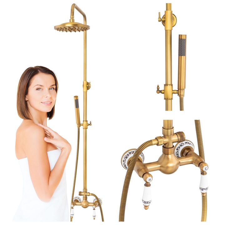 Set baterie dus Silla S-1198G cu para rotunda, montare perete, 2 functii de curgere a apei, dus tip, Auriu