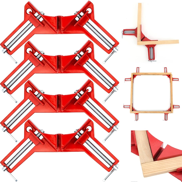 Set 4 Menghine Unghi Drept, lynker, Deschidere 77mm, Clema unghiulara pentru tamplarie, Menghine portabile profesional, Rezistent la coroziune si la decolorare, Pentru alinierea, baterea cuie, gaurirea, prelucrarea lemnului, Aliaj de aluminiu, rosu