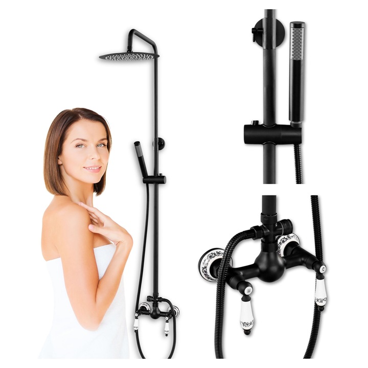 Set baterie dus Silla S-1198B cu para rotunda, montare perete, 2 functii de curgere a apei, dus tip, Negru