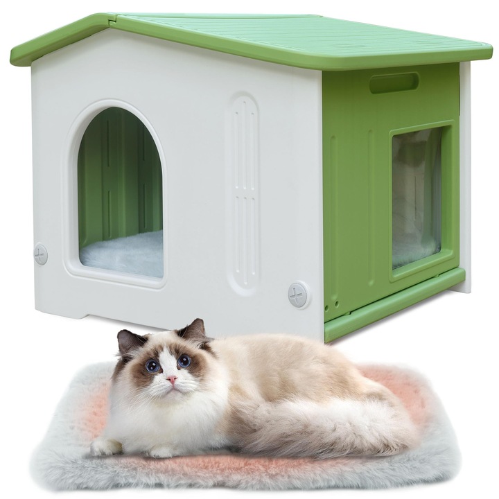 Casuta din plastic pentru pisici HiCaptain, impermeabila, izolata, verde