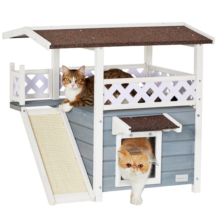 Casuta pentru pisici, Petsfit, lemn masiv, cu usa de evacuare, terasa, 60x60x80cm
